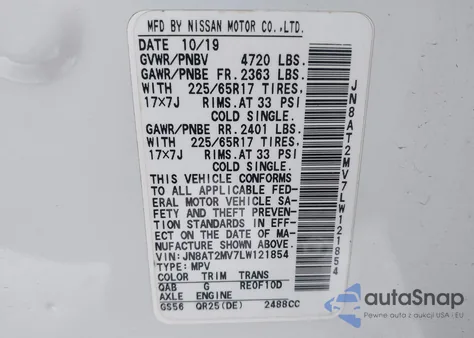 2020 Nissan Rogue Sv Intelligent Awd z USA, uszkodzony, nr VIN JN8AT2MV7LW121854